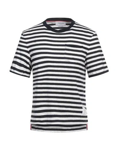 THOM BROWNE THOM BROWNE MAN T-SHIRT NAVY SIZE 4 LINEN, ELASTANE, COTTON