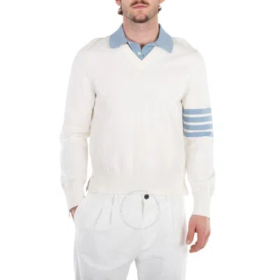 THOM BROWNE THOM BROWNE MEN'S JERSEY 4-BAR V NECK POLO PULLOVER IN WHITE