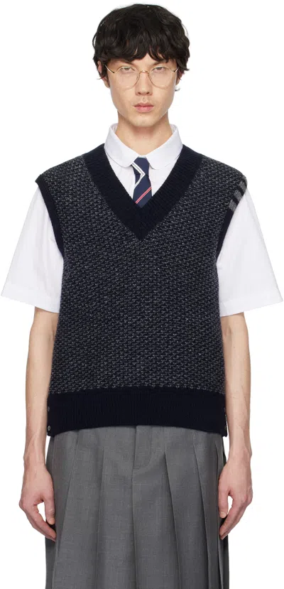 THOM BROWNE NAVY MOHAIR TWEED 4-BAR V NECK VEST