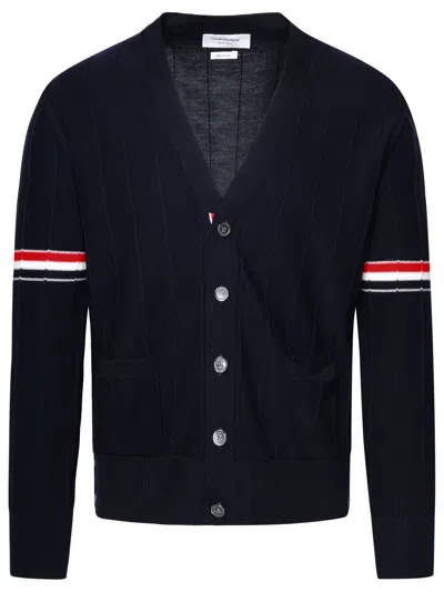 THOM BROWNE NAVY VIRGIN WOOL CARDIGAN