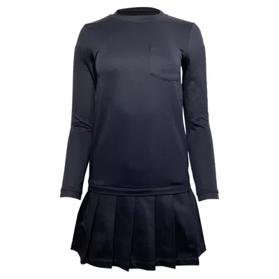 THOM BROWNE PLEATED FRENCH MINI DRESS IN NAVY BLUE COTTON