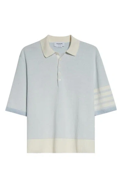 THOM BROWNE THOM BROWNE RELAXED FIT 4-BAR TEXTURED STRIPE LINEN & COTTON POLO SWEATER
