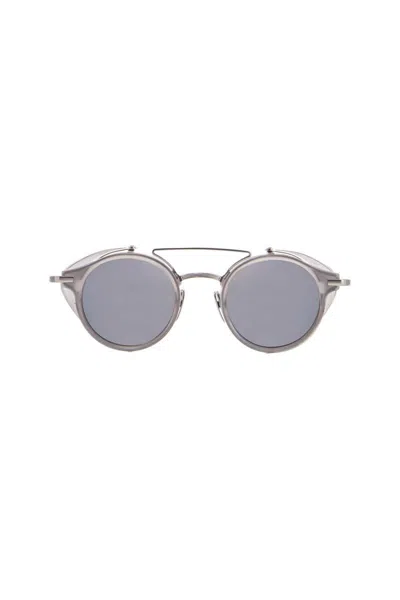 THOM BROWNE ROUND SUNGLASSES IN LIGHT GREY TITANIUM AND ACETATE WITH SIDE PROTECTION