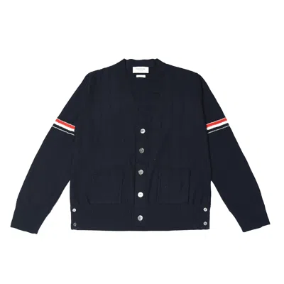 THOM BROWNE THOM BROWNE RWB STRIPE V NECK ARMBAND CARDIGAN BLUE