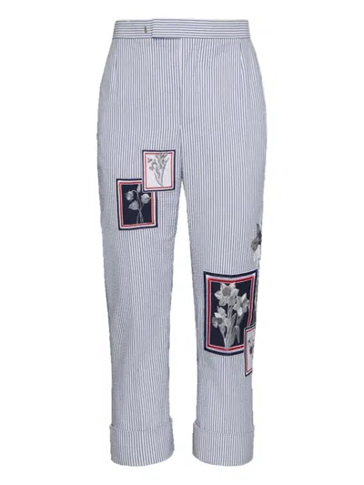 THOM BROWNE STRIPED FLORAL-PATCH PANTS