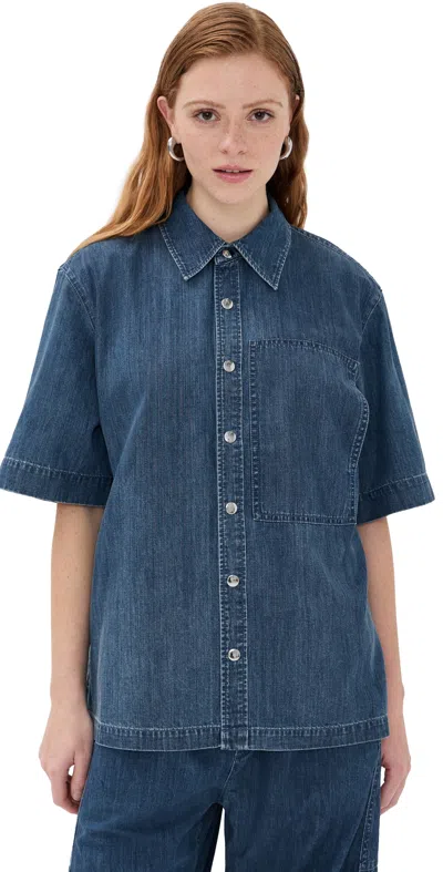 TIBI SUMMER DENIM CLASSIC WASH CAMP SHIRT CLASSIC BLUE