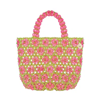 TILLIE BEADS WOMEN'S GREEN / PINK GREEN TOTE WITH PINK DAISY BEAD BAG