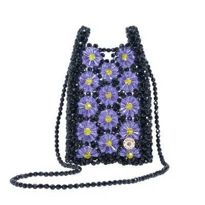TILLIE BEADS WOMEN'S CHARMING PURPLE DAISIES BLACK BEADED MINI CROOSBODY BAG