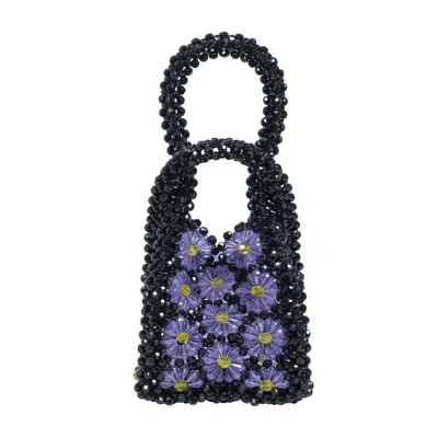 TILLIE BEADS WOMEN'S PURPLE DAISY FLORAL MINI BLACK BEAD BAG