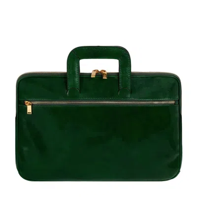 TIME RESISTANCE MEN'S GREEN LEATHER BRIEFCASE LAPTOP BAG - BRAVE NEW WORLD