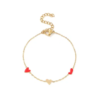 TIMI OF SWEDEN WOMEN'S LINNEA - HEART CHAIN BRACELET RED & GOLD STAINLESS STEEL