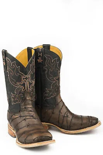 TIN HAUL TIN HAUL MENS KEEP OUT LONGHORN DARK BROWN/BLACK LEATHER COWBOY BOOTS