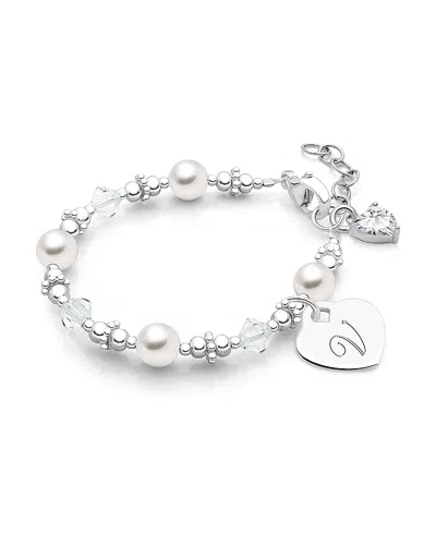 TINY BLESSINGS GIRLS STERLING SILVER CRYSTALS & CULTURED PEARLS & INITIAL 5.25" BRACELET - CHILDREN