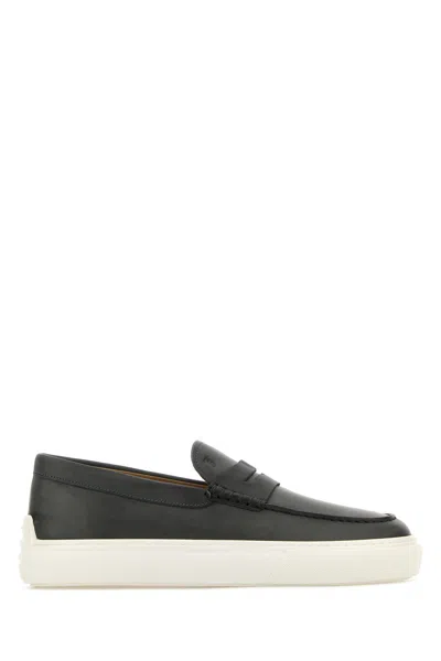 TOD'S CHARCOAL LEATHER LOAFERS