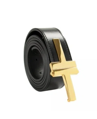TOM FORD $990 TOM FORD MEN’S BLACK LEATHER GOLD METAL T-BUCKLE DECORATED BELT 34”/85CM