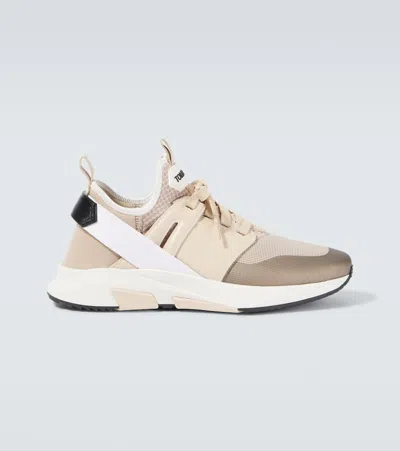 TOM FORD JAGO LEATHER-TRIMMED SNEAKERS