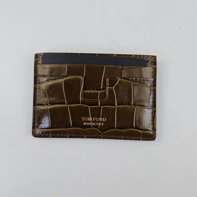 TOM FORD TOM FORD MEN'S KHAKI CROC PRINTED GLOSSY LEATHER CLASSIC CARD HOLDER