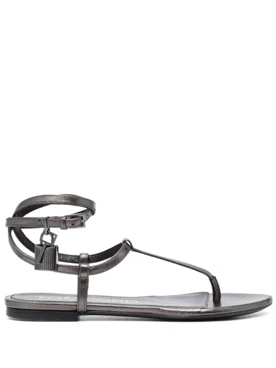TOM FORD PADLOCK LAMINATED-LEATHER FLAT SANDALS