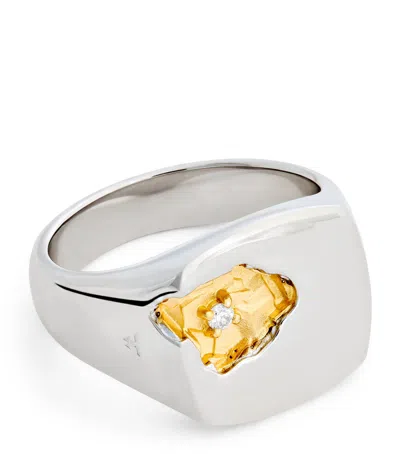 TOM WOOD LARGE STERLING SILVER, GOLD AND DIAMOND MINED RING