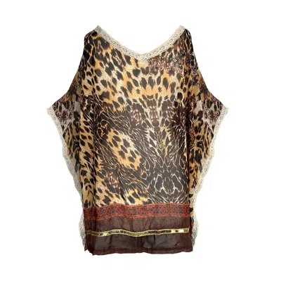 TOMA WOMEN'S BROWN / GOLD ANIMAL PRINT SAFARI SHORT COVER UP KIMONO PONCHO