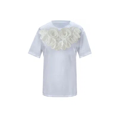 TOMA WOMEN'S FLOWER WHITE COTTON T-SHIRT WITH WHITE CENTRAL FLOWERS