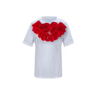 TOMA WOMEN'S WHITE / RED FLOWER WHITE COTTON T-SHIRT WITH RED CHIC CENTRAL FLOWERS