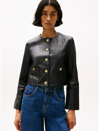 TOMMY HILFIGER CROPPED COLLARLESS LEATHER JACKET