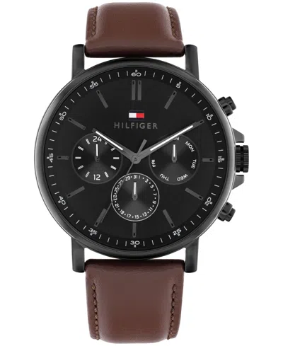 TOMMY HILFIGER MEN'S MULTIFUNCTION DARK BROWN LEATHER STRAP WATCH, 44MM