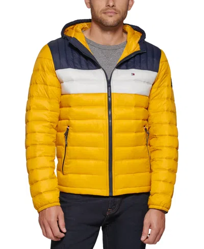 TOMMY HILFIGER MEN'S QUILTED COLOR BLOCKED HOODED PUFFER JACKET