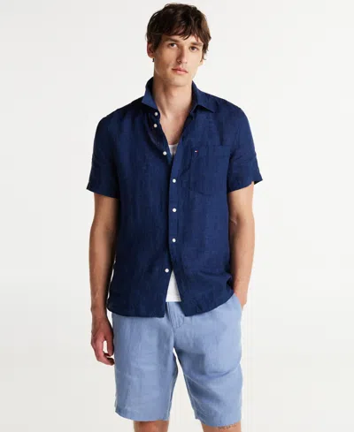 TOMMY HILFIGER MEN'S SHORT-SLEEVE PIGMENT-DYED LINEN BUTTON-FRONT SHIRT