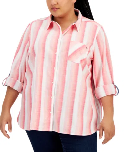 TOMMY HILFIGER PLUS SIZE COTTON BUTTON-FRONT ROLL-TAB SHIRT