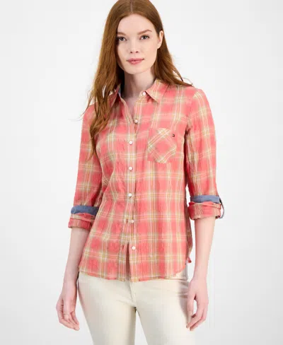TOMMY HILFIGER WOMEN'S CRINKLED PLAID ROLL-TAB SHIRT