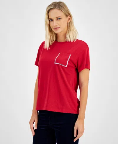 TOMMY HILFIGER WOMEN'S EMBELLISHED POCKET CREWNECK T-SHIRT