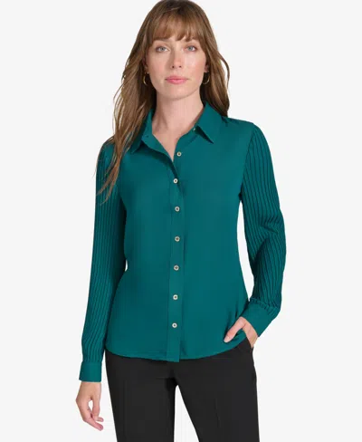 TOMMY HILFIGER 'S WOMEN'S PLEATED LONG SLEEVE BUTTON DOWN