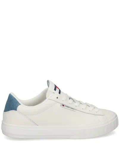 TOMMY JEANS DENIM-TRIMMED LEATHER SNEAKERS