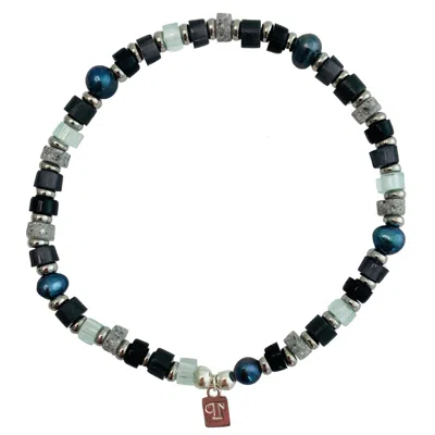 TOOLALLY MEN'S BLACK / GREY / BLUE BEADED BRACELET - PEACOCK PEARLS