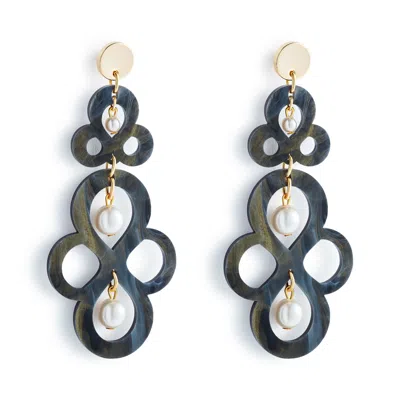 TOOLALLY WOMEN'S BLACK / GOLD BATIK EARRINGS - BLACK SWIRL & PEARL
