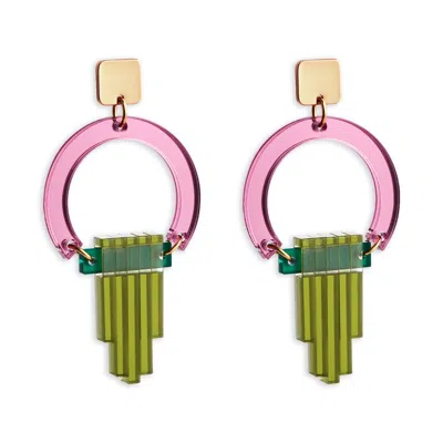 TOOLALLY WOMEN'S PINK / PURPLE / GREEN ART DECO CHANDELIERS - PINK MIRROR AND LIME ZEST