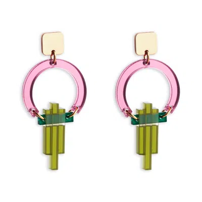 TOOLALLY WOMEN'S PINK / PURPLE / GREEN PETITE ART DECO CHANDELIERS - PINK MIRROR AND LIME ZEST