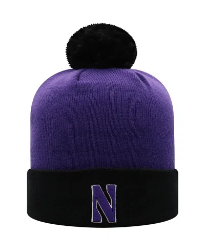 TOP OF THE WORLD MEN'S TOP OF THE WORLD PURPLE AND BLACK NORTHWESTERN WILDCATS CORE 2-TONE CUFFED KNIT HAT WITH POM