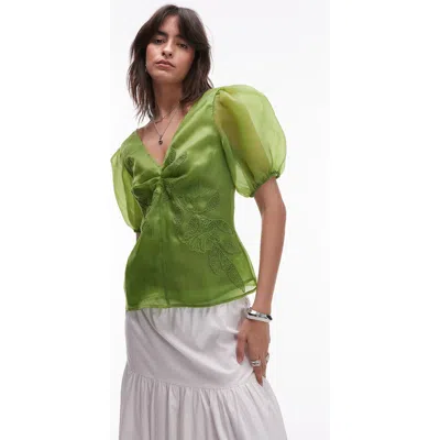 TOPSHOP TOPSHOP EMBROIDERED PUFF SLEEVE TOP