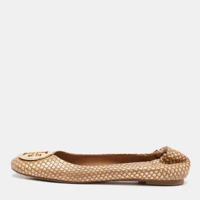 TORY BURCH BROWN/GOLD LEATHER MINNIE TRAVEL BALLET FLATS SIZE 40
