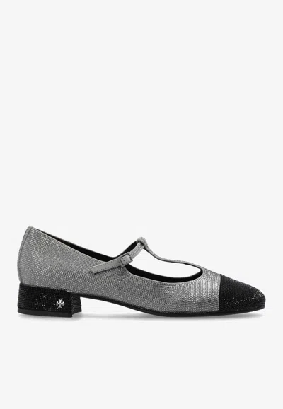 TORY BURCH CAP-TOE T-STRAP PAVÉ BALLET FLATS