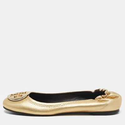 TORY BURCH GOLD LEATHER REVA SCRUNCH BALLET FLATS SIZE 37