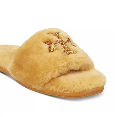 TORY BURCH TORY BURCH JEWELED DOUBLE T SHEARLING FUR SLIDE HONEY YELLOW US 7.5 8 8.5 9