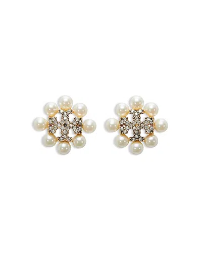 TORY BURCH KIRA PAVE DOUBLE T & IMITATION PEARL STUD EARRINGS IN 18K GOLD PLATED