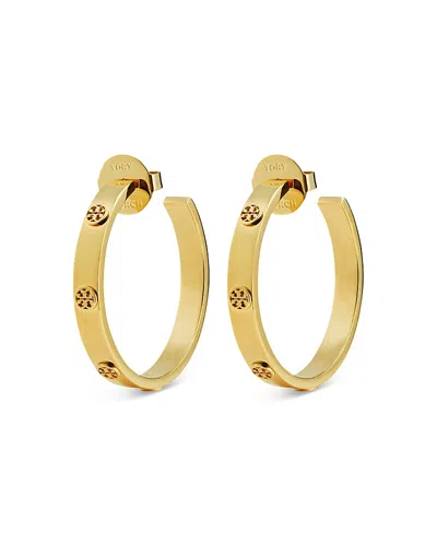 TORY BURCH MILLER INSIGNIA STUDDED HOOP EARRINGS IN GOLD TONE STAINLESS STEEL