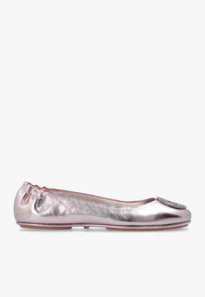 TORY BURCH MINNIE TRAVEL METALLIC-LEATHER BALLET FLATS