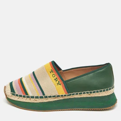 TORY BURCH MULTICOLOR KNIT FABRIC AND LEATHER ESPADRILLE SNEAKERS FLATS SIZE 37
