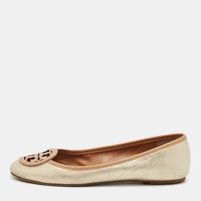 TORY BURCH SILVER/BROWN LEATHER LOUISA BALLET FLATS SIZE 36